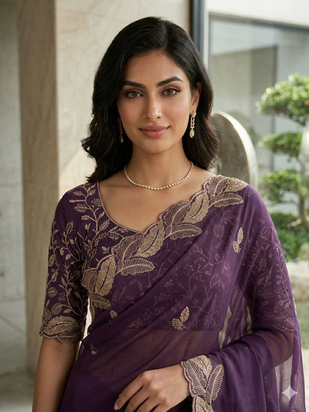 Stunning Wine Leaf Pattern Zari Embroidery Shimmer Saree With Luxurious Sparkling Texture - Image 4