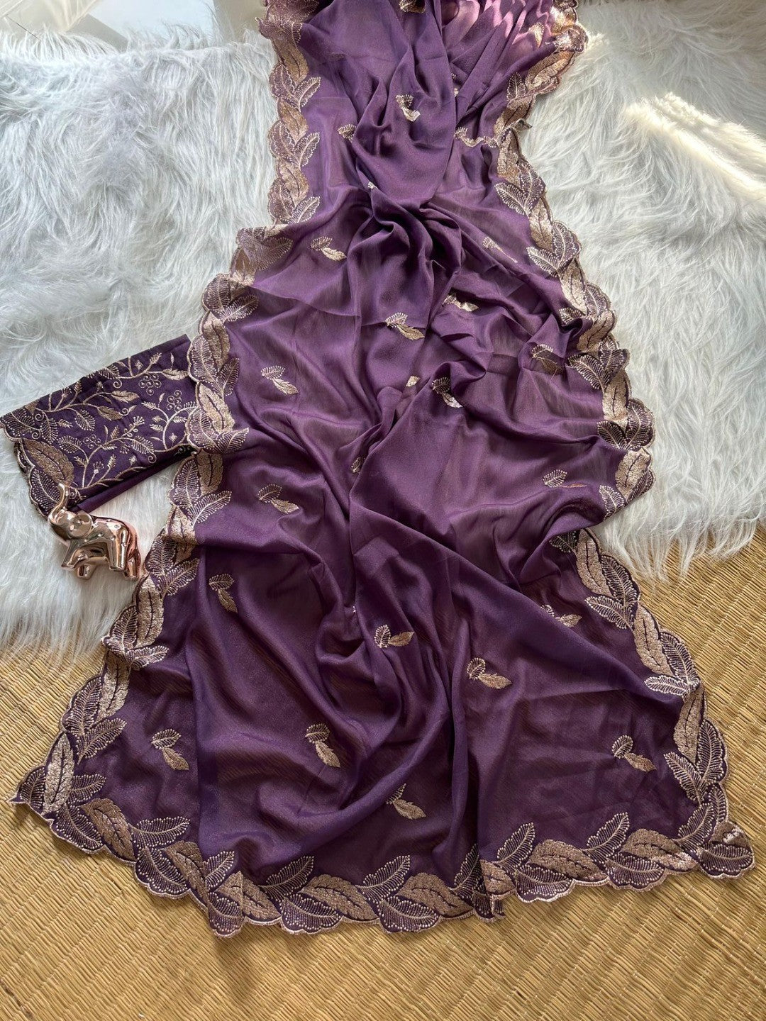 Stunning Wine Leaf Pattern Zari Embroidery Shimmer Saree With Luxurious Sparkling Texture - Image 3