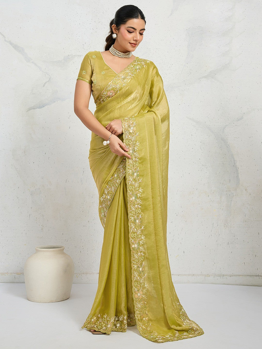 Elegant Mehendi Green Floral Thread & Zari Embroidered Chiffon Velvet Saree With Shimmering Sequins - Image 1