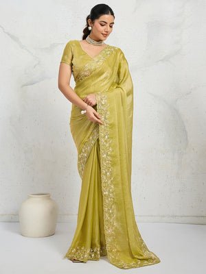 Elegant Mehendi Green Floral Thread & Zari Embroidered Chiffon Velvet Saree With Shimmering Sequins - Image 1