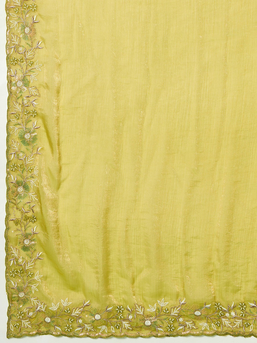 Elegant Mehendi Green Floral Thread & Zari Embroidered Chiffon Velvet Saree With Shimmering Sequins - Image 2