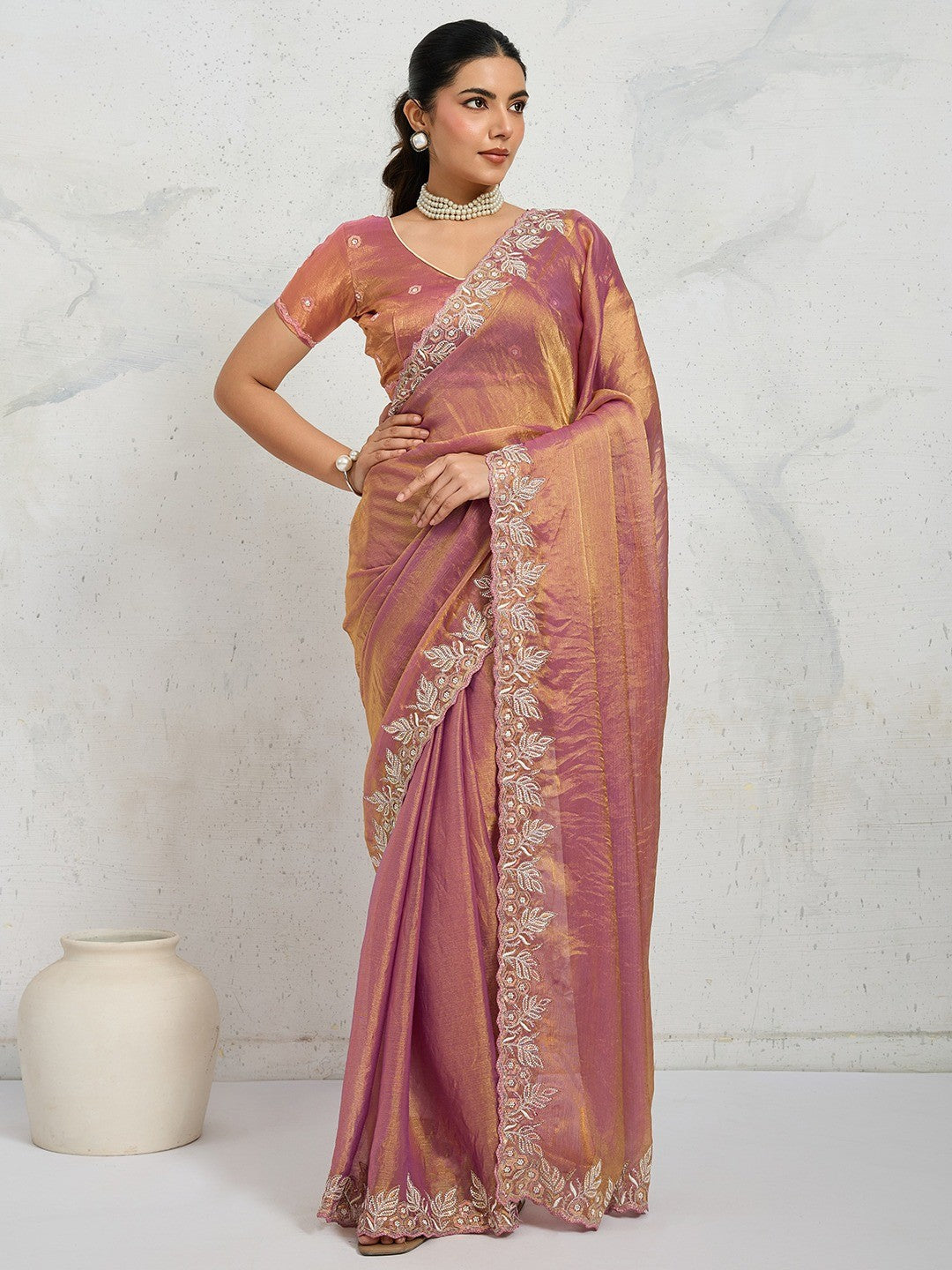 Elegant Wine Floral Thread & Zari Embroidered Chiffon Velvet Saree With Shimmering Sequins - Image 1