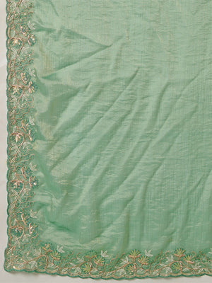 Elegant Sea Green Floral Thread & Zari Embroidered Chiffon Velvet Saree With Shimmering Sequins - Image 2