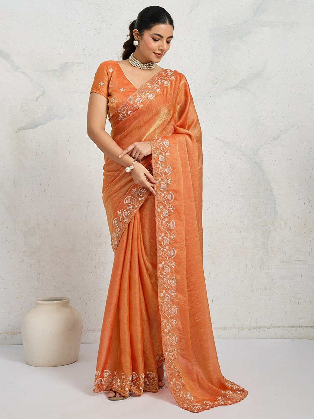 Elegant Orange Floral Thread & Zari Embroidered Chiffon Velvet Saree With Shimmering Sequins - Image 1