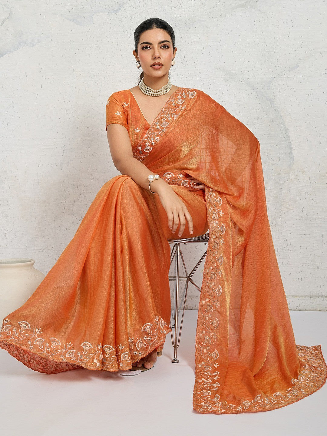 Elegant Orange Floral Thread & Zari Embroidered Chiffon Velvet Saree With Shimmering Sequins - Image 5