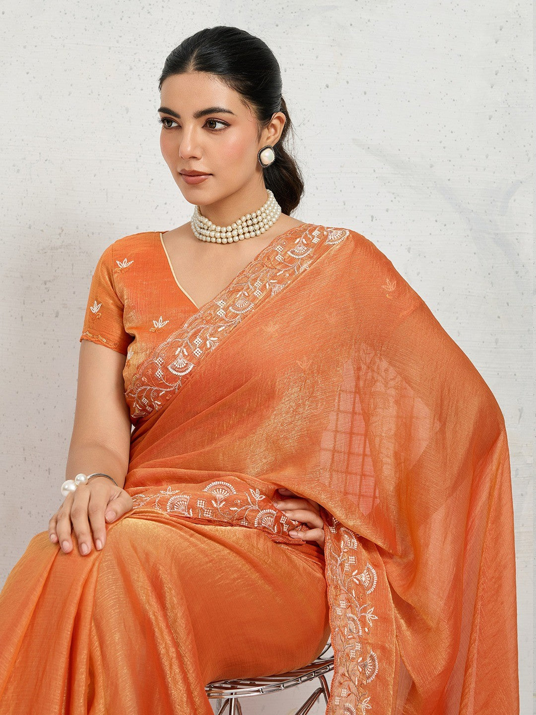 Elegant Orange Floral Thread & Zari Embroidered Chiffon Velvet Saree With Shimmering Sequins - Image 7