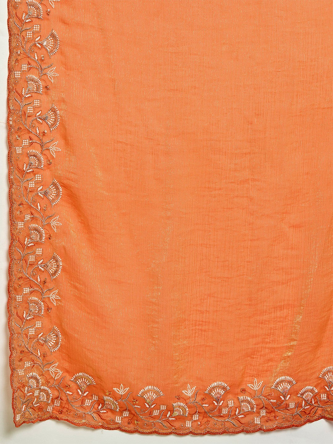 Elegant Orange Floral Thread & Zari Embroidered Chiffon Velvet Saree With Shimmering Sequins - Image 2