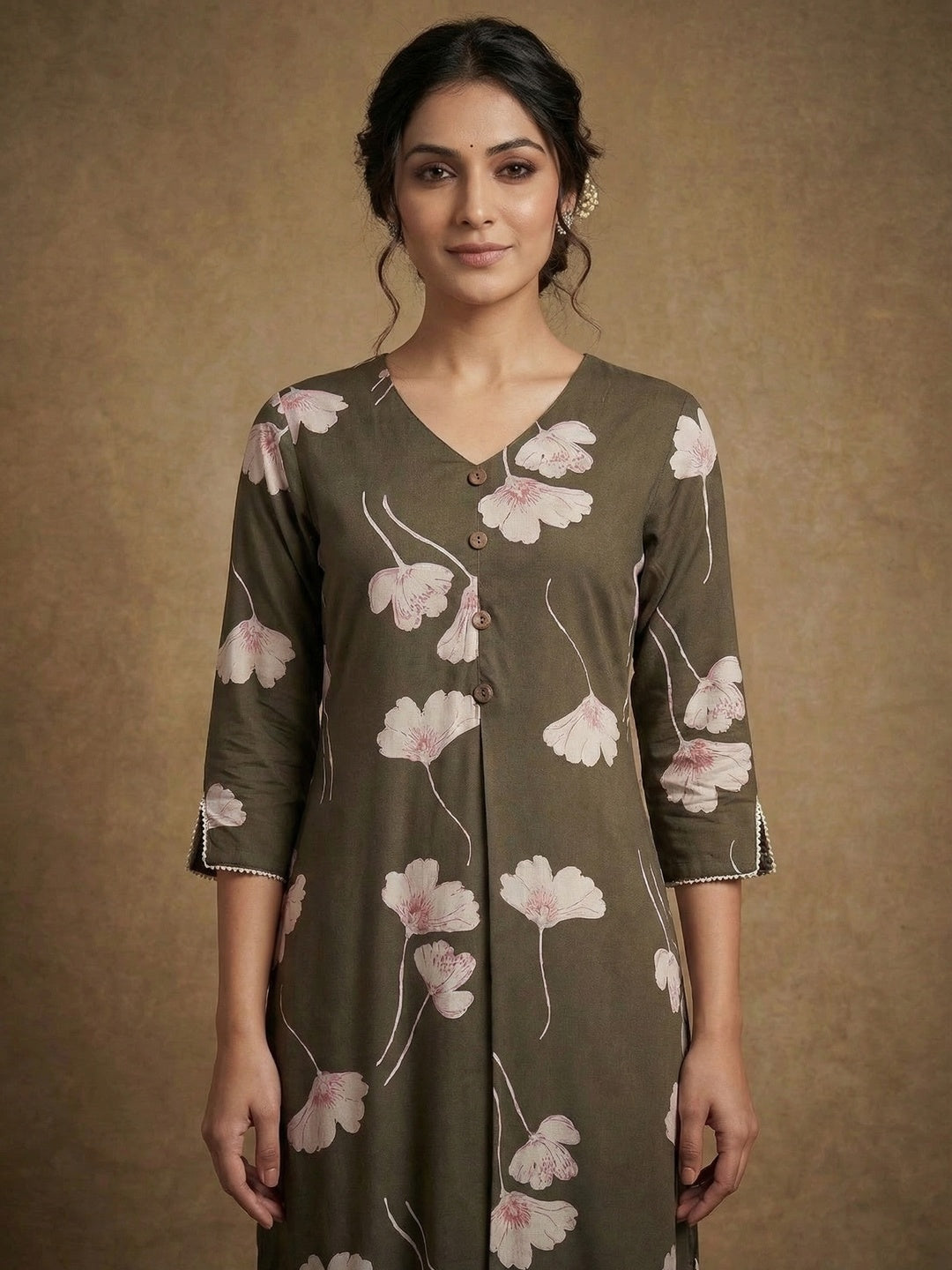 Green Floral Print Rayon Kurta Paired with Classic White Bottom for Stylish Casual Look - Image 4