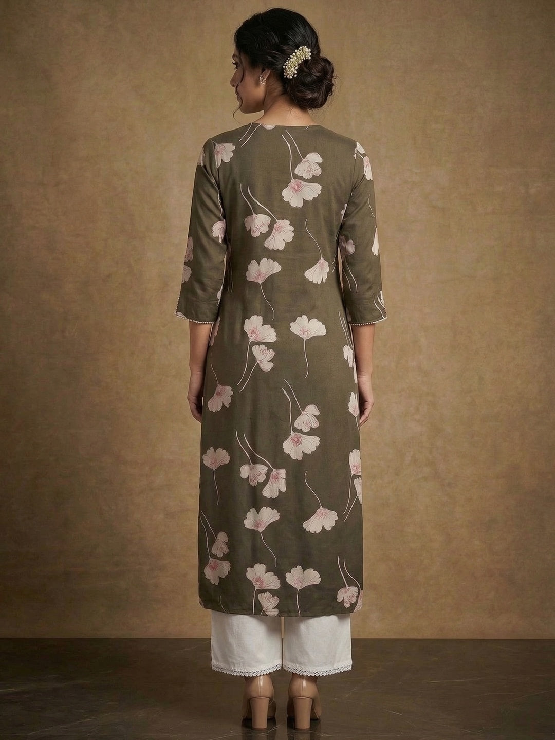 Green Floral Print Rayon Kurta Paired with Classic White Bottom for Stylish Casual Look - Image 3