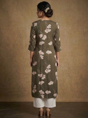 Green Floral Print Rayon Kurta Paired with Classic White Bottom for Stylish Casual Look - Image 2