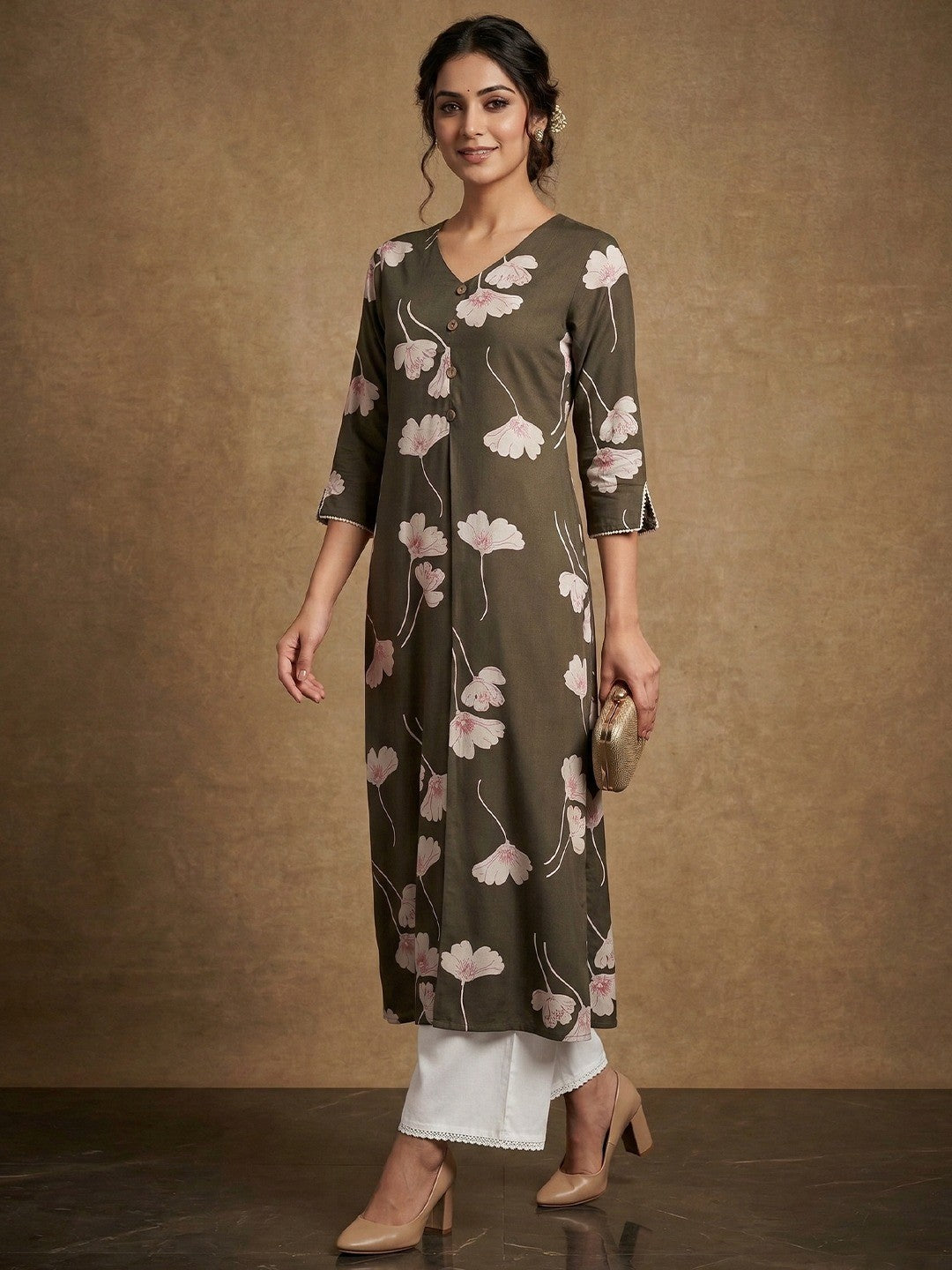 Green Floral Print Rayon Kurta Paired with Classic White Bottom for Stylish Casual Look - Image 1