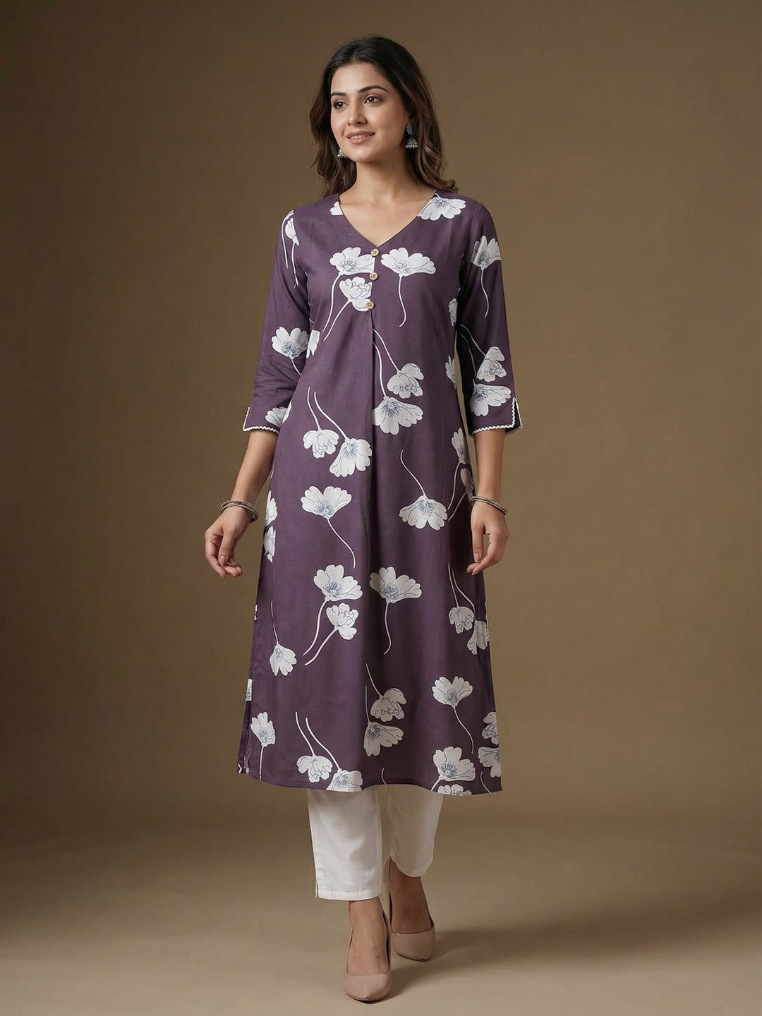 Purple Floral Print A-Line Rayon Kurta Paired with Classic White Bottom for Stylish Casual Look - Image 1