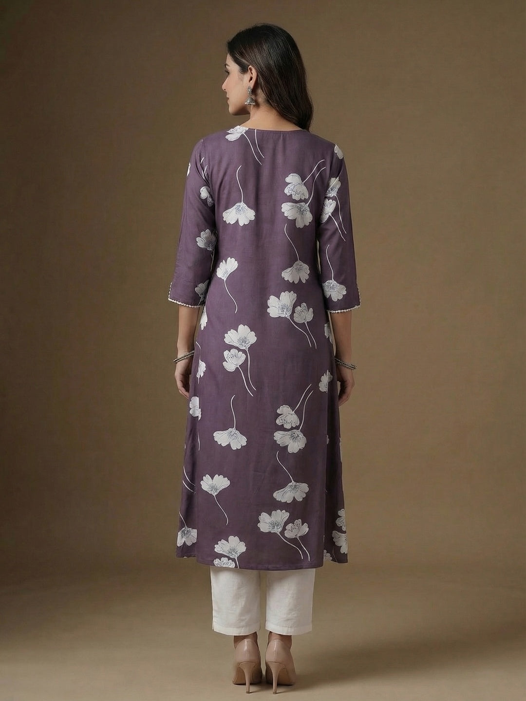 Purple Floral Print A-Line Rayon Kurta Paired with Classic White Bottom for Stylish Casual Look - Image 4