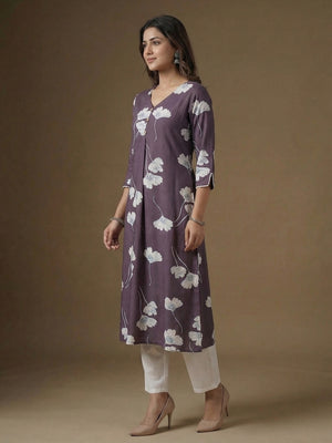 Purple Floral Print A-Line Rayon Kurta Paired with Classic White Bottom for Stylish Casual Look - Image 2