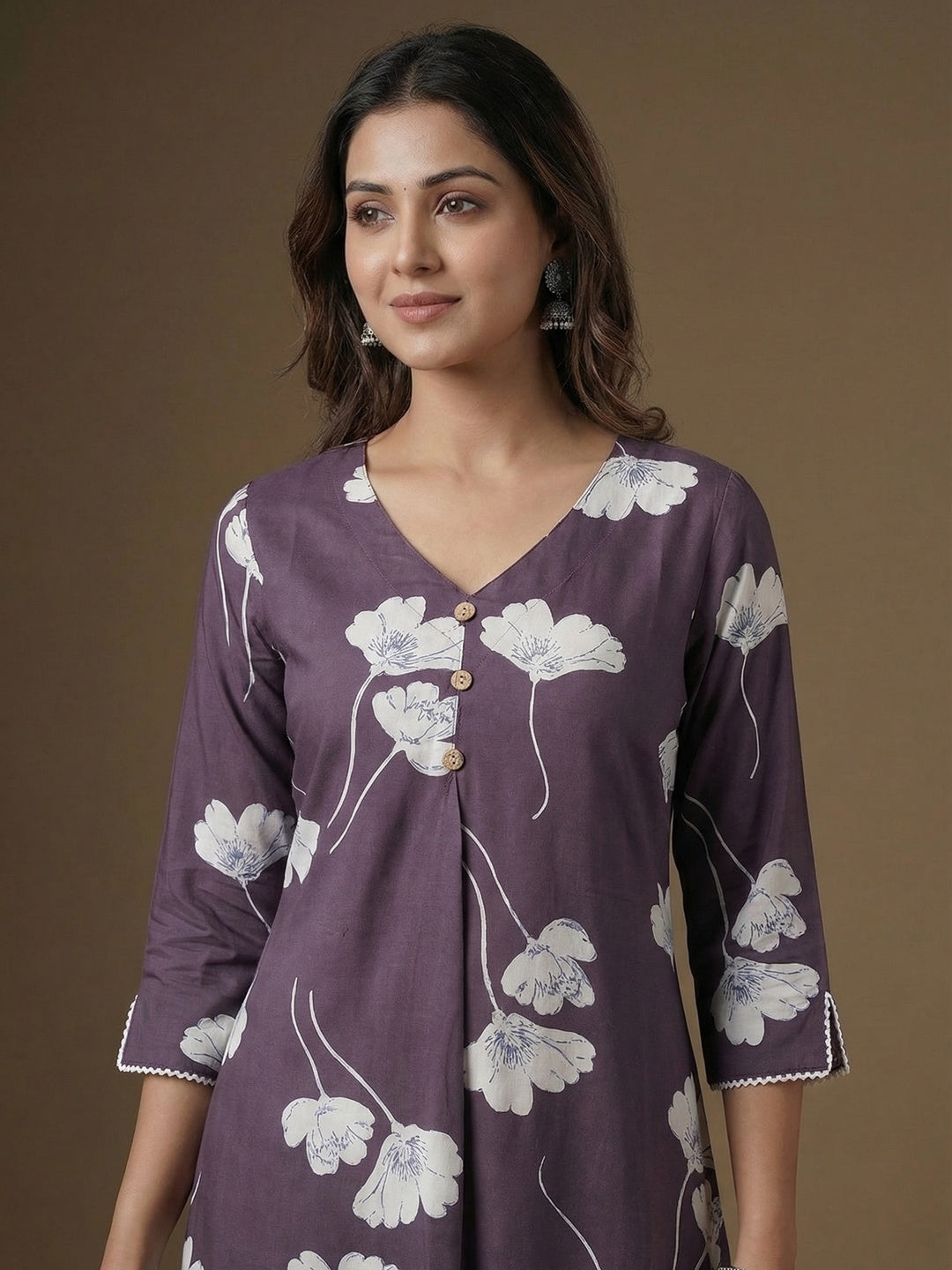 Purple Floral Print A-Line Rayon Kurta Paired with Classic White Bottom for Stylish Casual Look - Image 3