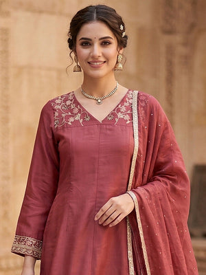 Pink Shimmer A-Line Salwar Suit with Embroidered Design and Elegant Flowing Fit - Image 2