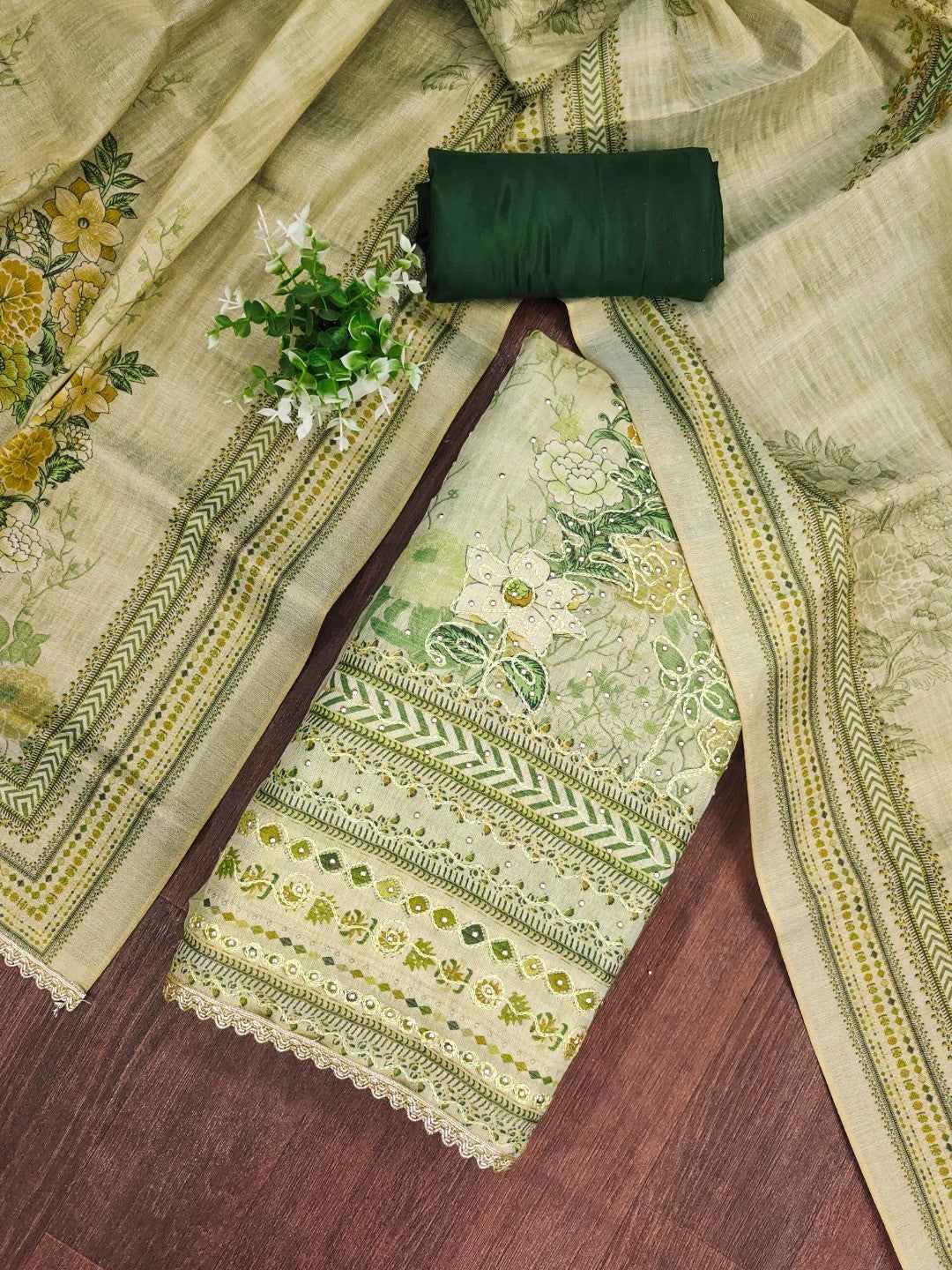 Elegant Green Viscose Digital Print Dress Material with Hand Work - Image 4