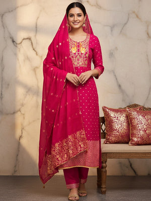 Pink Banarasi Silk Dress Material with Coding Work & Zakhard Dupatta - Image 1