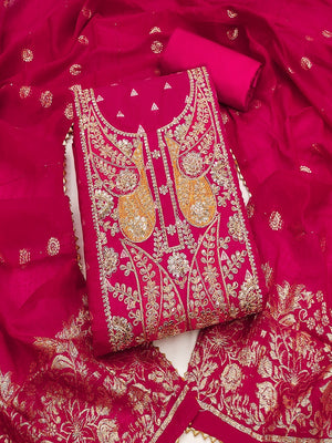 Pink Banarasi Silk Dress Material with Coding Work & Zakhard Dupatta - Image 1