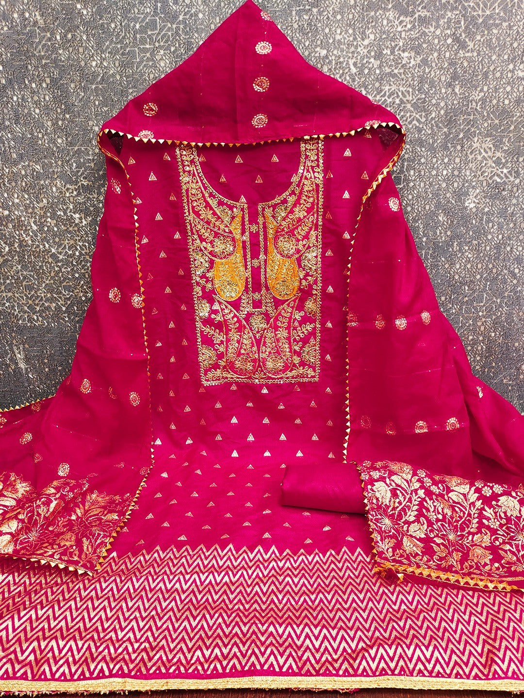 Pink Banarasi Silk Dress Material with Coding Work & Zakhard Dupatta - Image 3