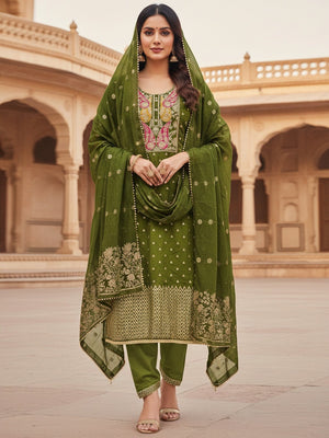 Green Banarasi Silk Dress Material with Coding Work & Zakhard Dupatta - Image 1
