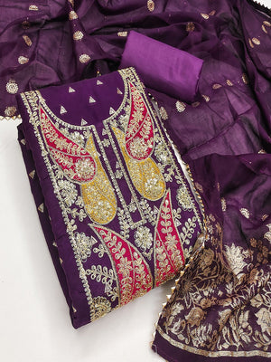 Purple Banarasi Silk Dress Material with Coding Work & Zakhard Dupatta - Image 2