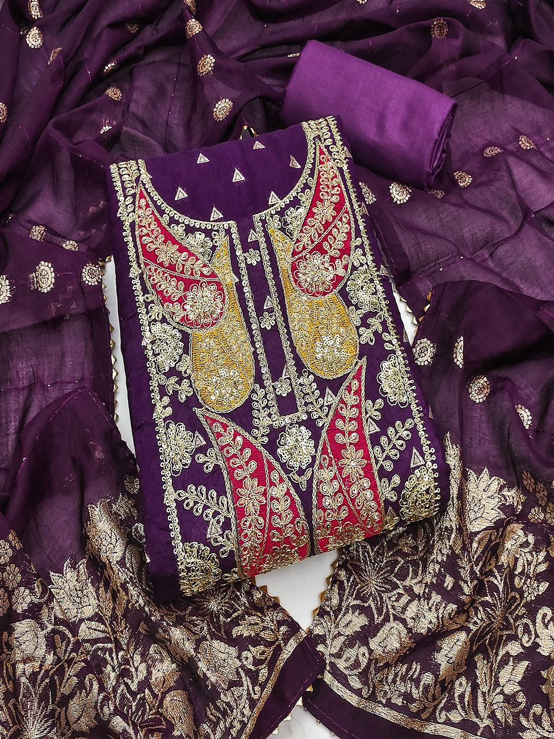 Purple Banarasi Silk Dress Material with Coding Work & Zakhard Dupatta - Image 3
