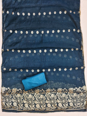 Teal Banarasi Silk Dress Material with Coding Work & Zakhard Dupatta - Image 2