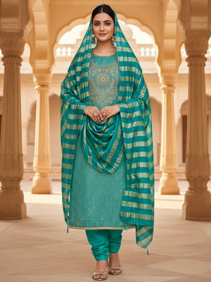 Turquoise Shimmer Suit Material with Elegant Embroidered Work - Image 1