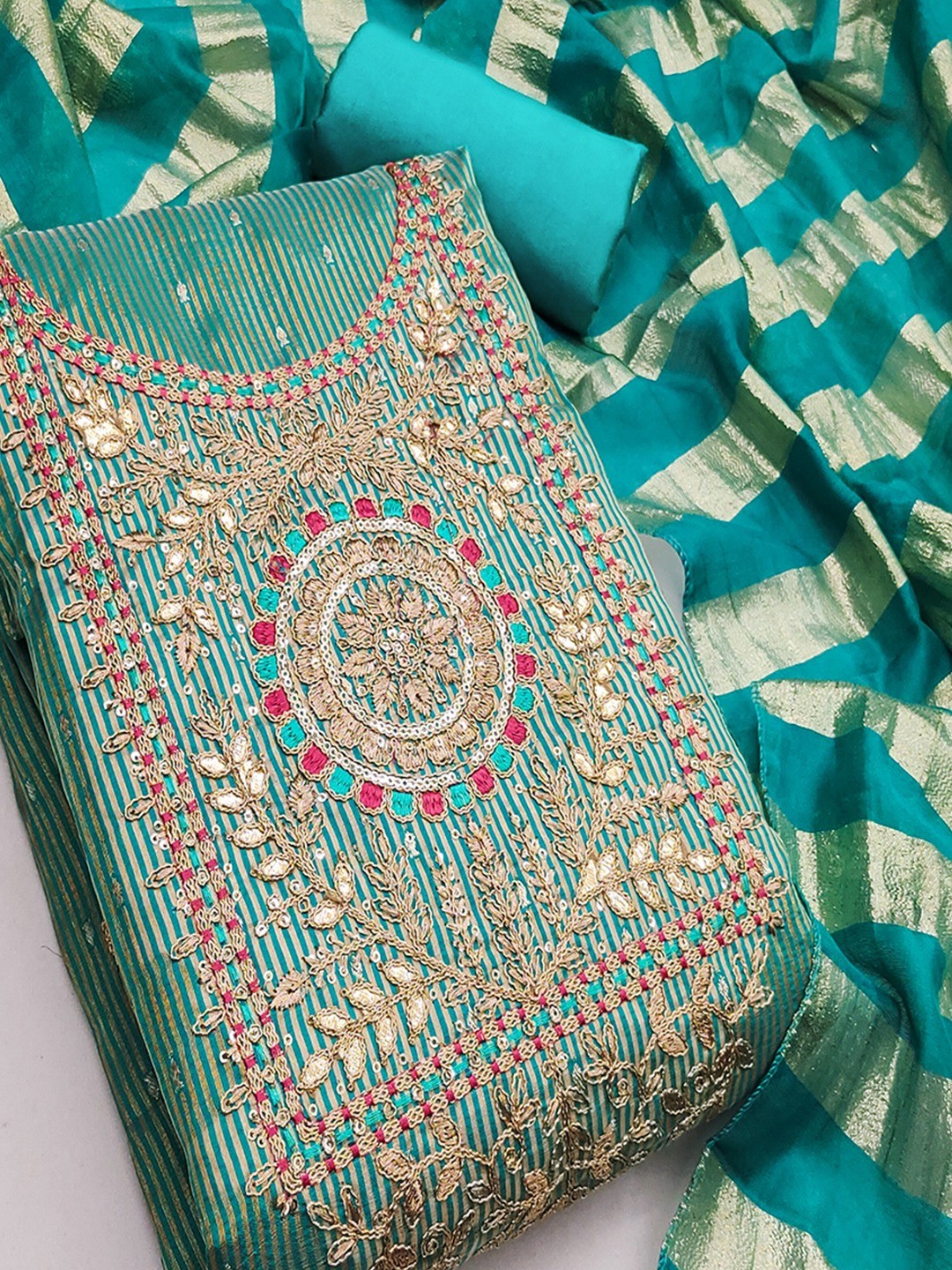 Turquoise Shimmer Suit Material with Elegant Embroidered Work - Image 5