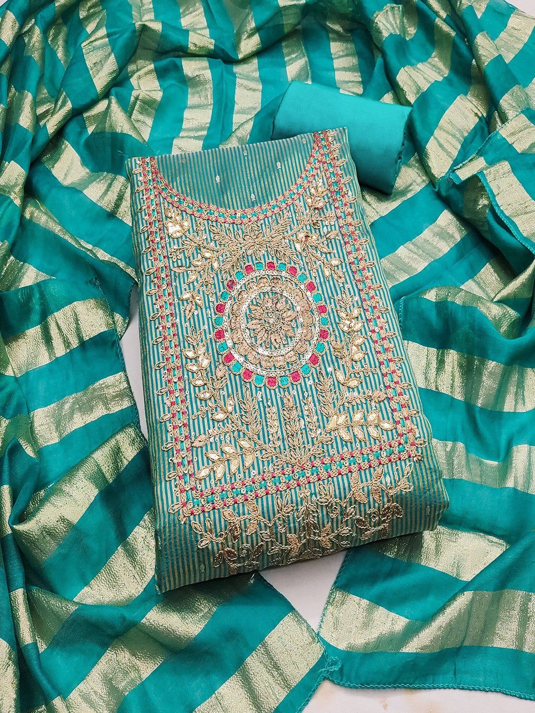 Turquoise Shimmer Suit Material with Elegant Embroidered Work - Image 4