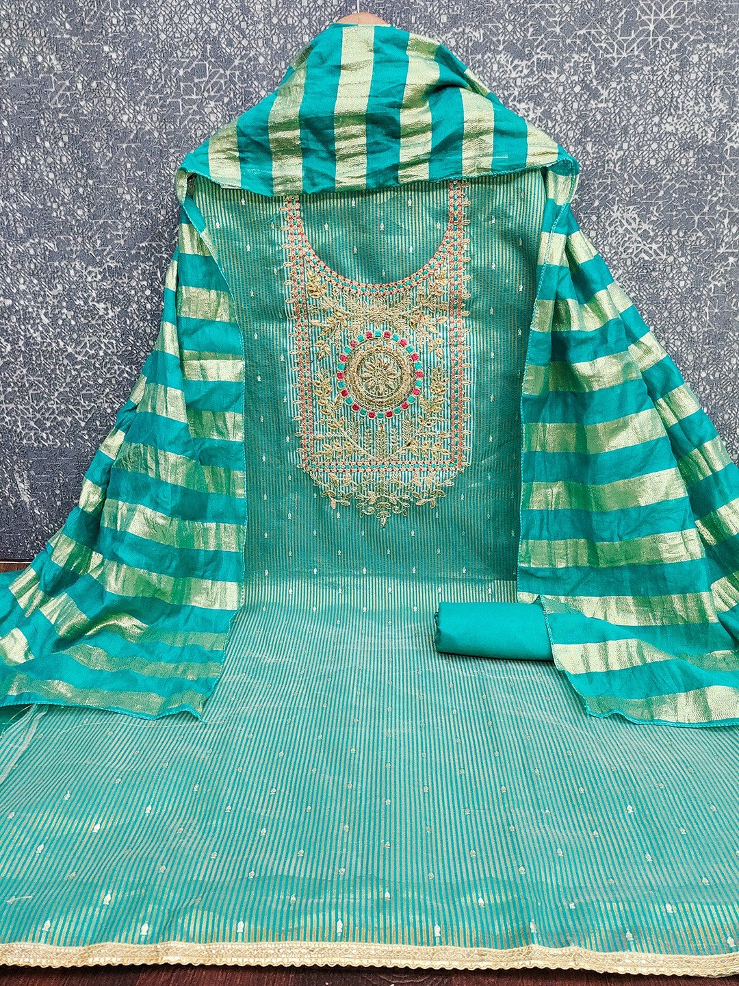 Turquoise Shimmer Suit Material with Elegant Embroidered Work - Image 3