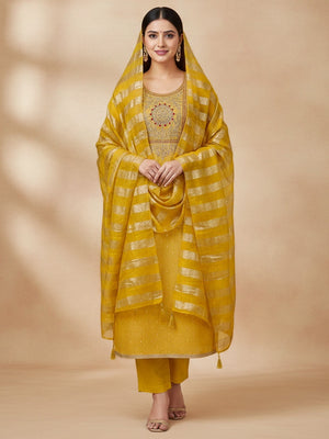 Mustard Shimmer Suit Material with Elegant Embroidered Work - Image 1