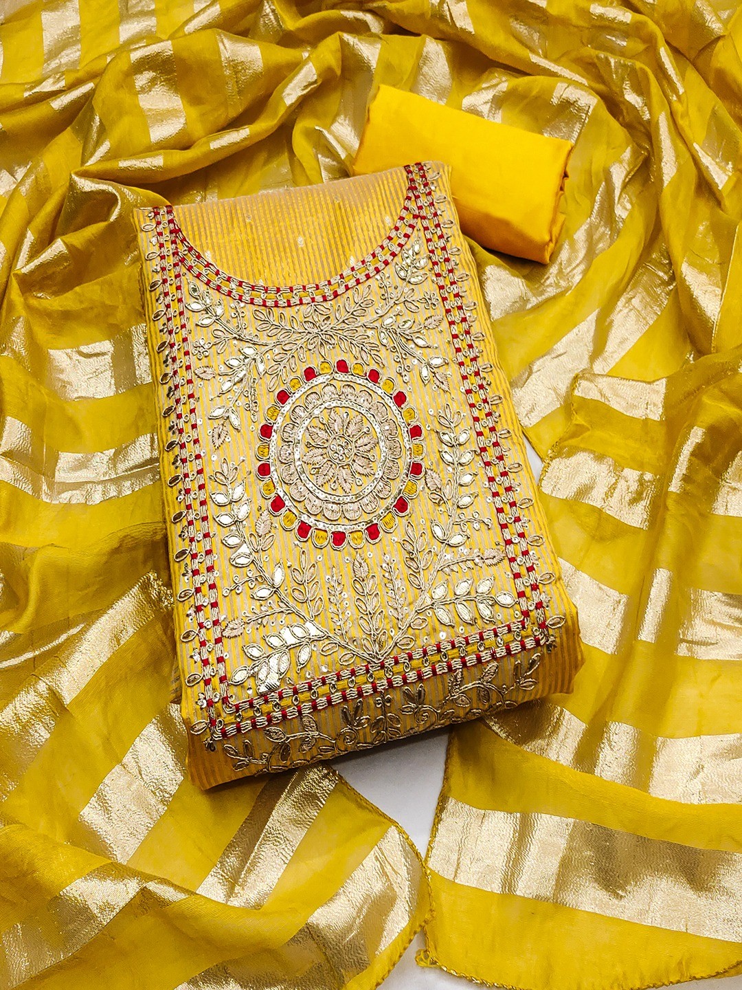 Mustard Shimmer Suit Material with Elegant Embroidered Work - Image 2