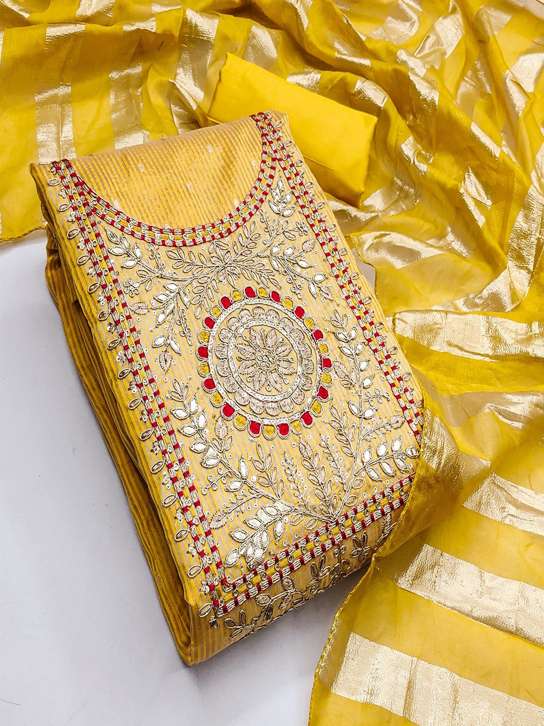 Mustard Shimmer Suit Material with Elegant Embroidered Work - Image 3