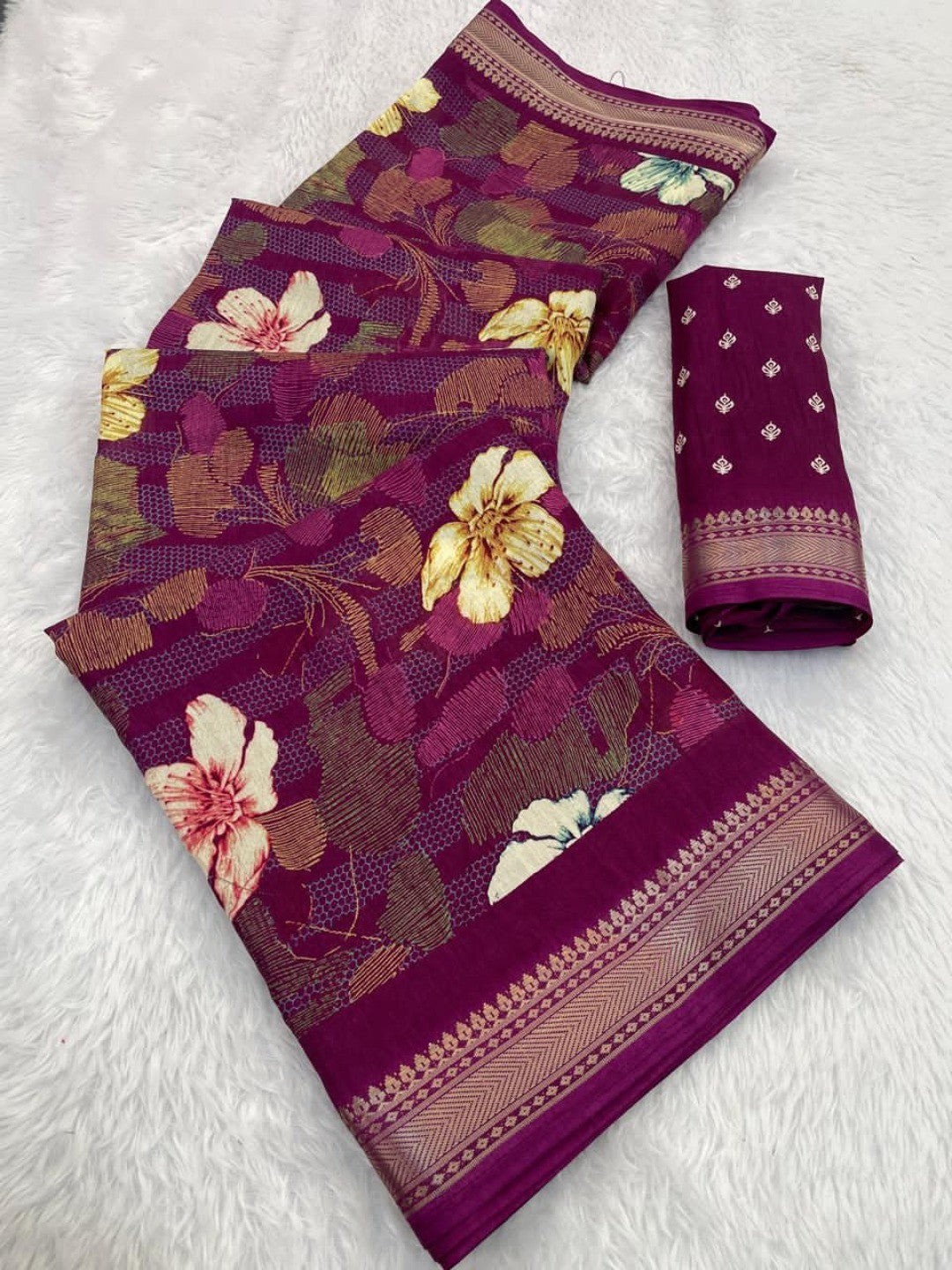 Purple Chanderi Silk Saree with Floral Motifs and Border - Image 2