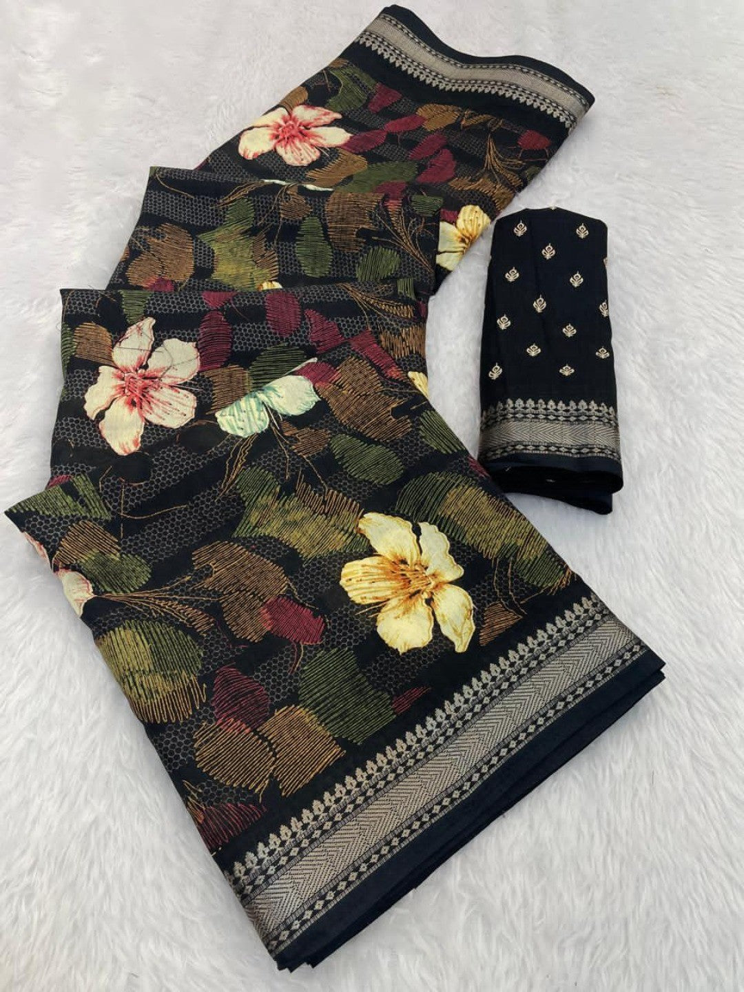 Black Chanderi Silk Saree with Floral Motifs and Border - Image 3