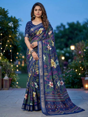 Blue Chanderi Silk Saree with Floral Motifs and Border - Image 1