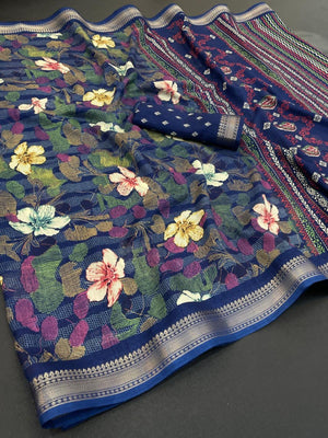 Blue Chanderi Silk Saree with Floral Motifs and Border - Image 2