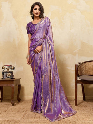 Elegant Lavender Sequins Embroidered Velvet Satin Saree Adorned With Beads & Cutdana Work - Image 1