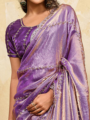 Elegant Lavender Sequins Embroidered Velvet Satin Saree Adorned With Beads & Cutdana Work - Image 2
