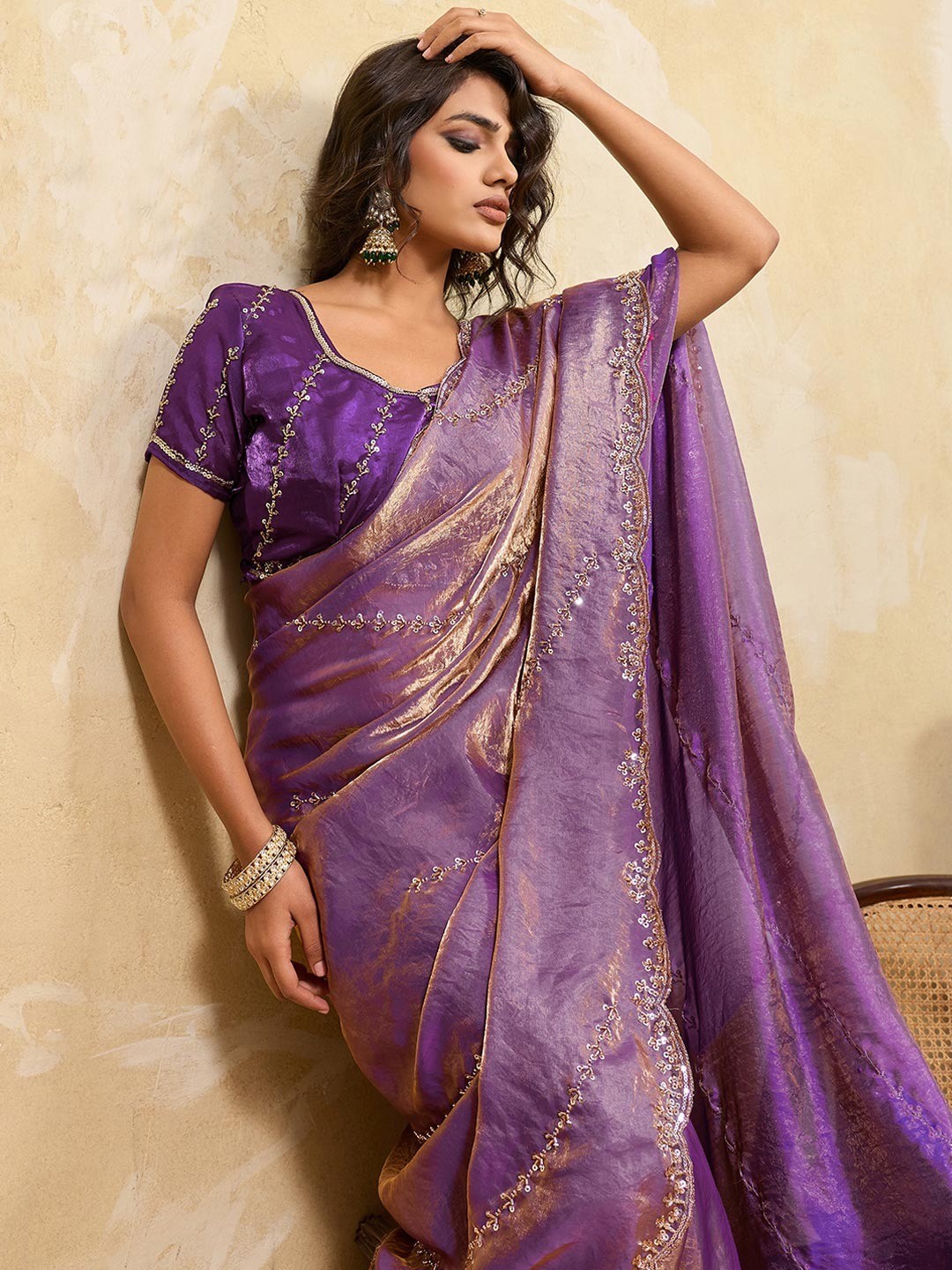 Elegant Lavender Sequins Embroidered Velvet Satin Saree Adorned With Beads & Cutdana Work - Image 5