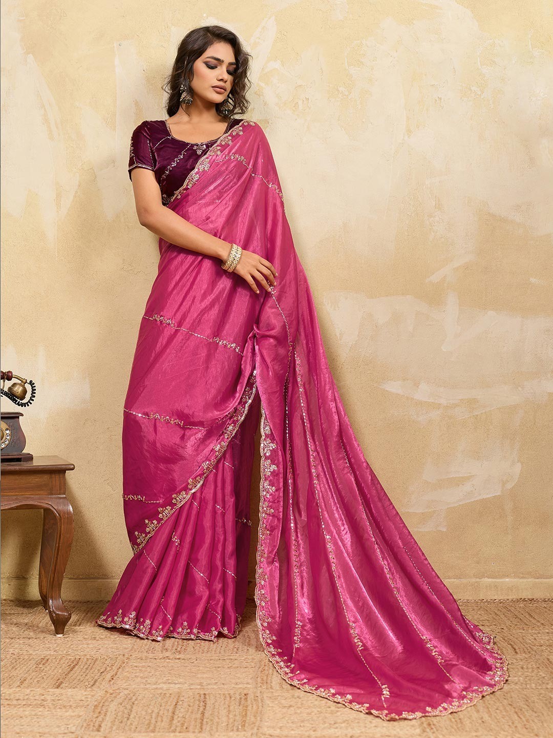 Elegant Pink Sequins Embroidered Velvet Satin Saree Adorned With Beads & Cutdana Work - Image 1