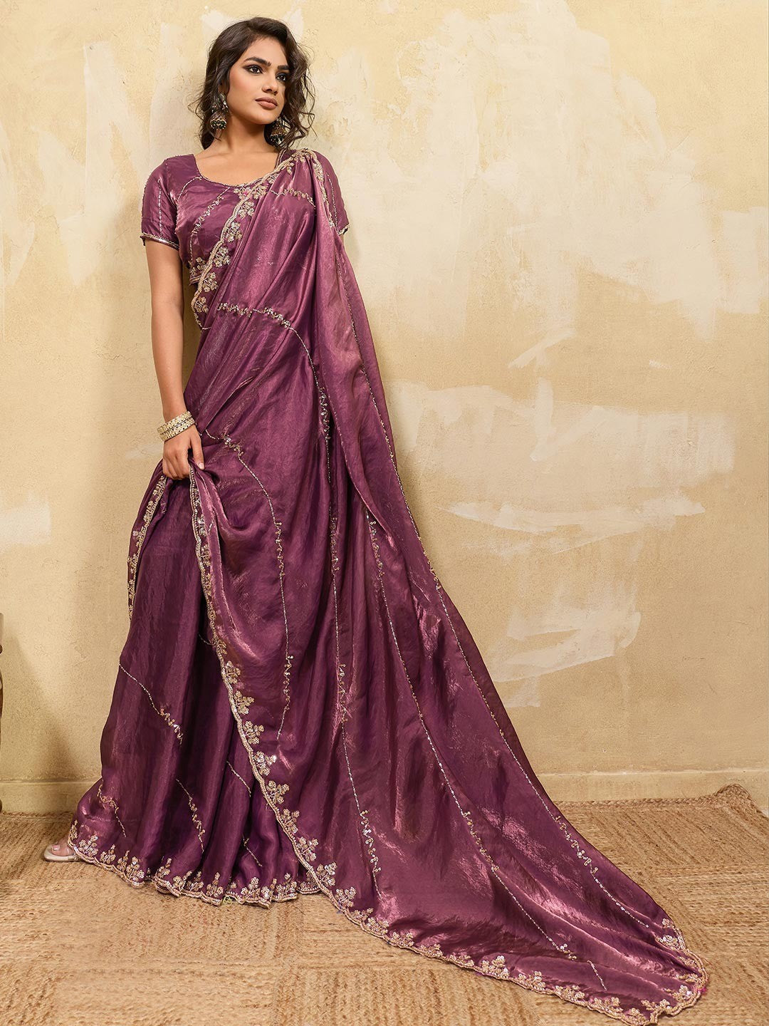 Elegant Mauve Sequins Embroidered Velvet Satin Saree Adorned With Beads & Cutdana Work - Image 1