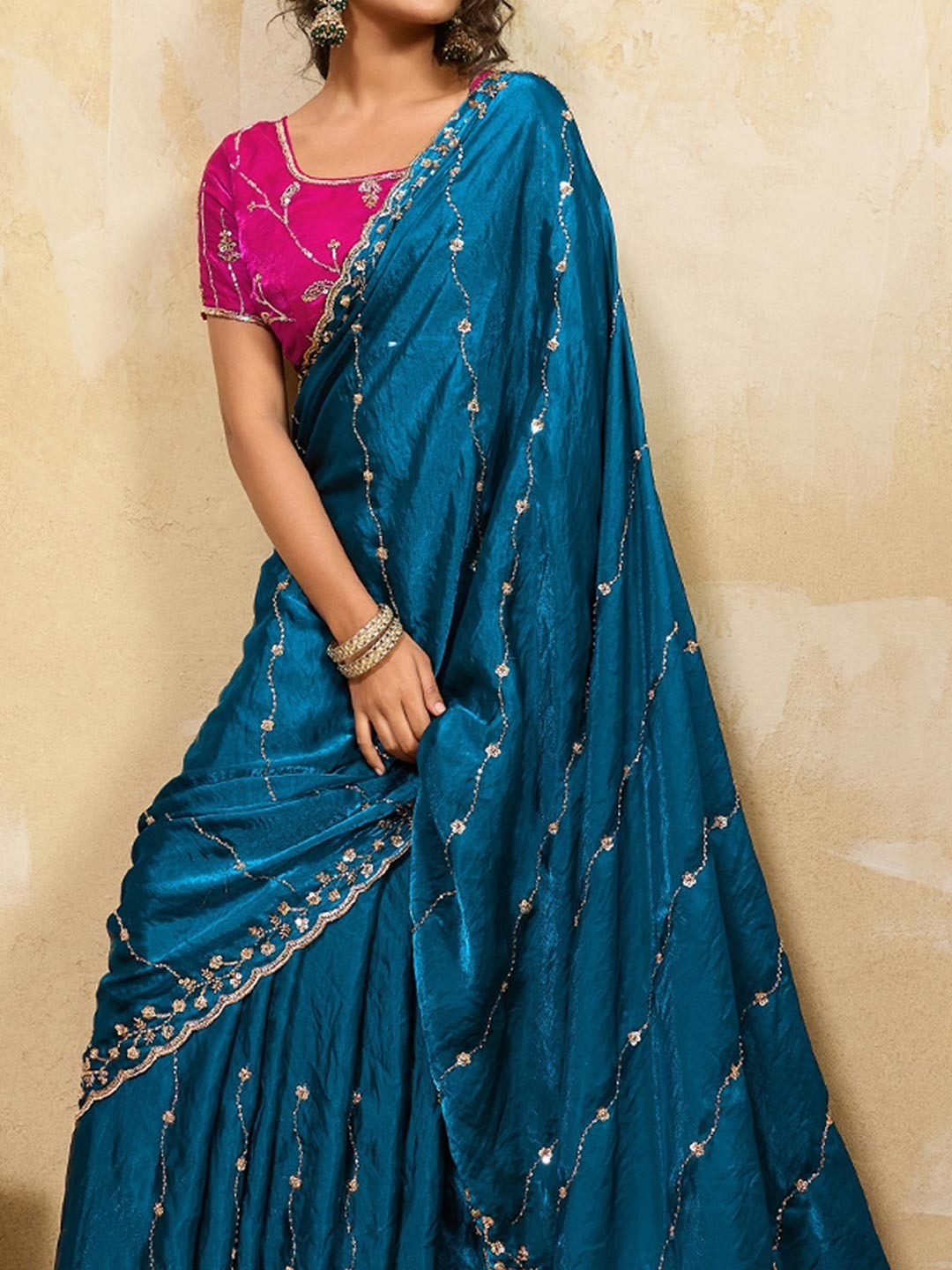 Elegant Morpich Blue Sequins Embroidered Velvet Satin Saree Adorned With Beads & Cutdana Work - Image 3