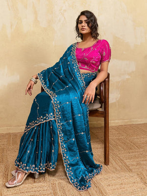 Elegant Morpich Blue Sequins Embroidered Velvet Satin Saree Adorned With Beads & Cutdana Work - Image 2
