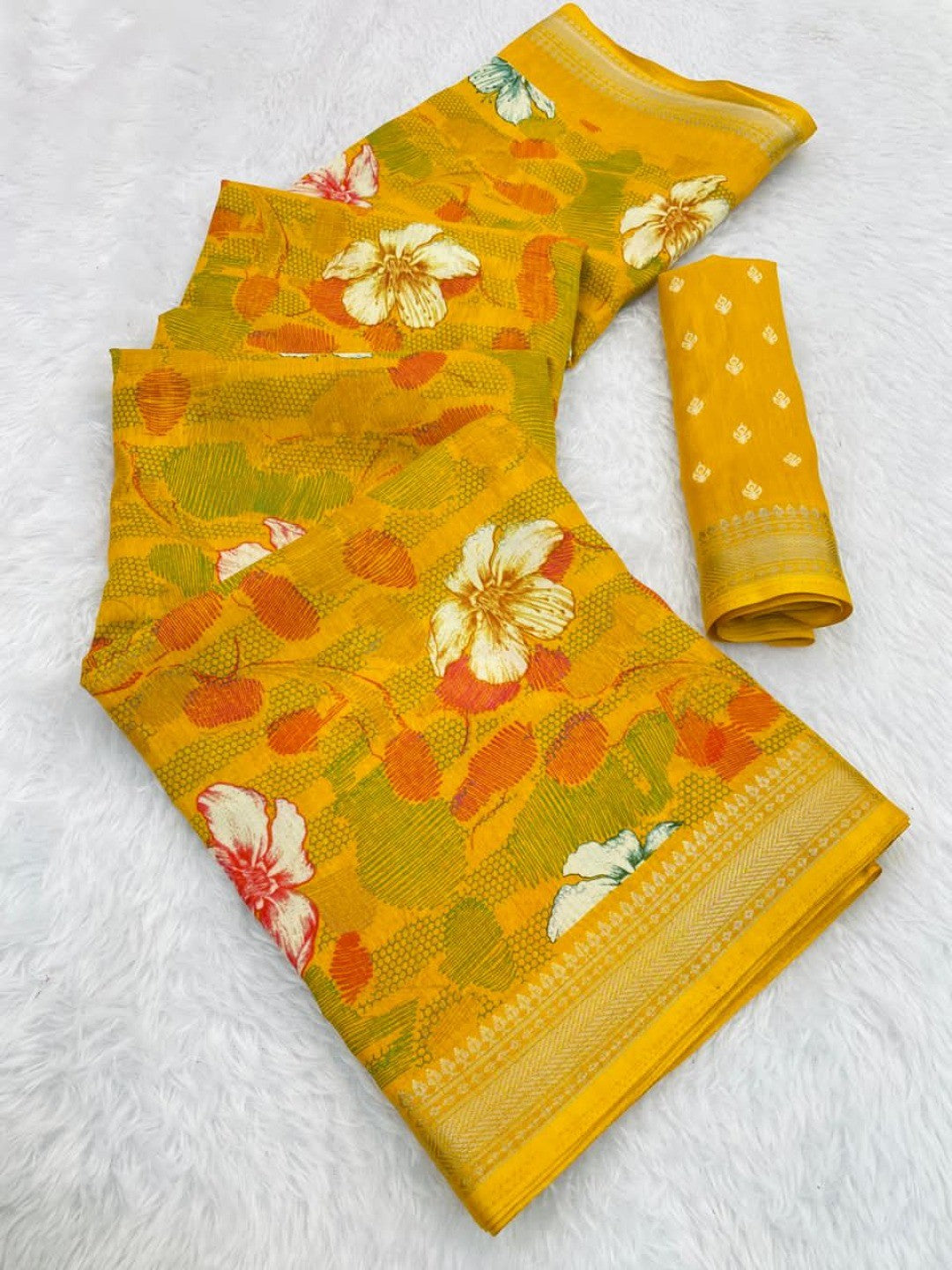 Mustard Chanderi Silk Saree with Floral Motifs and Border - Image 3