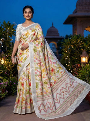 White Chanderi Silk Saree with Floral Motifs and Border - Image 1