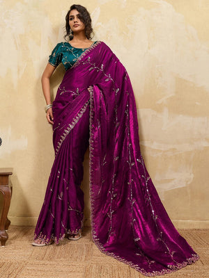 Elegant Dark Magenta Sequins Embroidered Velvet Satin Saree Adorned With Beads & Cutdana Work - Image 1