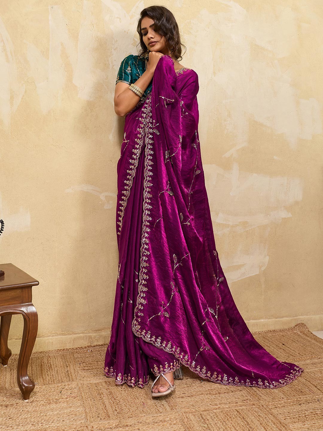 Elegant Dark Magenta Sequins Embroidered Velvet Satin Saree Adorned With Beads & Cutdana Work - Image 3